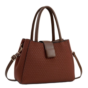 Brown large capacity handbag for women featuring fine woven texture and gold hardware