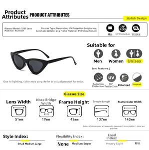 Detailed size chart for retro cat eye sunglasses showing frame dimensions and UV400 specs