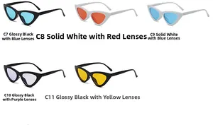 Multiple cat eye sunglasses in black and white frames with colorful lenses on white background