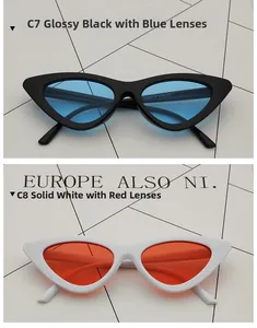 Detail view of cat eye sunglasses in glossy black with blue lenses and white with orange