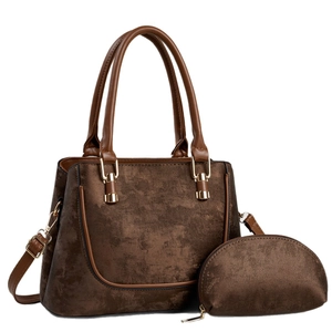 Brown faux suede tote bag and matching pouch with gold hardware and shoulder strap