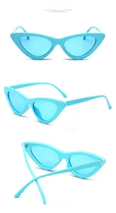 Three-view layout of light blue cat eye sunglasses with translucent blue lenses and frames