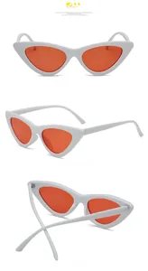 White cat-eye sunglasses with red lenses shown from front and side folding angles