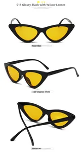 Three-angle view of cat-eye sunglasses with glossy black frames and bright yellow lenses