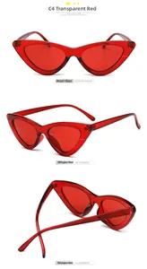 Vue sous trois angles de lunettes de soleil œil-de-chat rouge transparent avec charnières