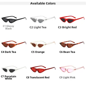 Detailansicht der neun Farben der Retro-Cat-Eye-Sonnenbrille mit schmalem Rahmen-Design