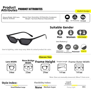 Detailed size chart for retro cat-eye sunglasses with frame and lens measurements