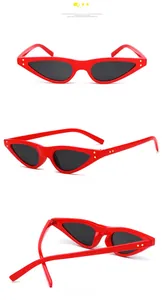 Drei Ansichten der roten Cat-Eye-Sonnenbrille mit Goldnieten und dunklen Gläsern