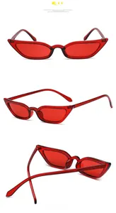 Detailed views of transparent red cat-eye sunglasses with retro frames and metal hinges