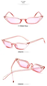 Detailed views of pink translucent cat eye sunglasses with vintage PC frame and AC lenses