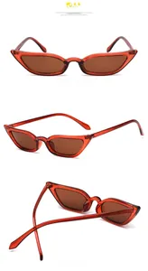 Three-angle view of red translucent cat eye sunglasses with brown tinted lenses