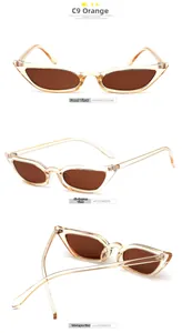 Three-view display of cat eye sunglasses in amber orange with dark brown lenses