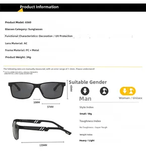 Detailed size chart for square polarized sunglasses with precise dimension measurements