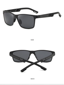 Close-up of carbon fiber texture and side-back views of polarized aluminum magnesium sunglasses