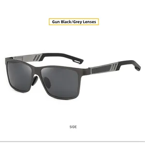 Detail view of gunmetal sunglasses with gray polarized lenses and carbon fiber temple texture