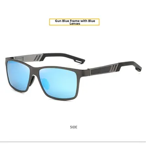 Detail view of gunmetal aluminum polarized sunglasses with blue mirrored lenses and carbon fiber temple