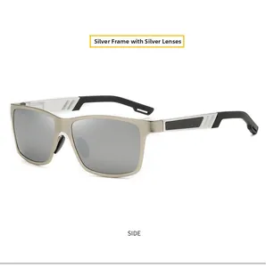 Side view of men's aluminum magnesium polarized sunglasses with silver frames and mercury lenses