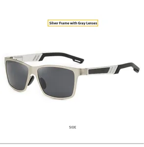 Detailed side view of silver aluminum-magnesium sunglasses with carbon fiber texture