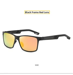 Detail of polarized sunglasses with black matte frame and red-orange mirrored lenses