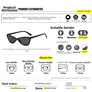 Detailed size chart for 5042 cat eye sunglasses with metal frame and AC resin lenses