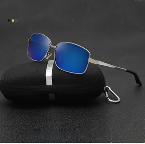 Polarized blue lens sunglasses with silver metal frame and portable hard zipper case