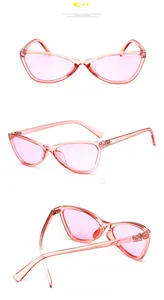 Three-view layout of retro cat eye sunglasses in translucent light pink frames and lenses