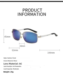 Detailed size parameters of silver polarized aviator sunglasses with blue mirrored lenses