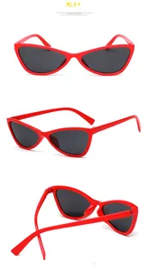 Red cat eye sunglasses shown in front, side, and rear angles with dark gray lenses
