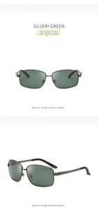 Close-up of gunmetal frame with green lenses on aluminum magnesium sunglasses for men