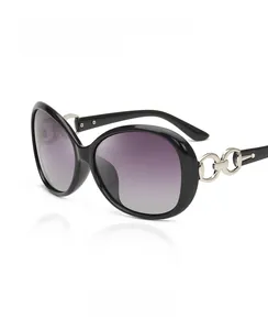 Detailed close-up of large frame sunglasses featuring purple gradient lenses and silver rings