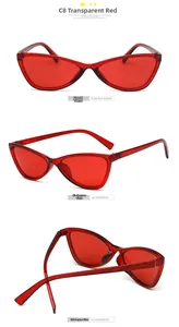 Detail view of transparent red cat eye sunglasses from front, side and back angles