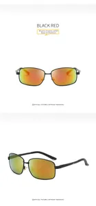 Macro detail of men's rectangle polarized sunglasses with black frame and red lenses
