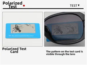 Polarized sunglasses test showing hidden fish pattern through lenses on a blue card