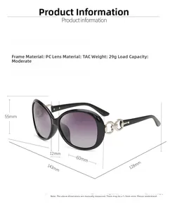 Detailed dimensions of elegant women's black PC sunglasses with purple gradient lenses