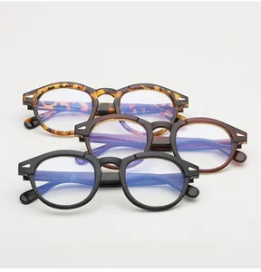 Detail of round eyewear frames in black and amber with anti-blue light coating