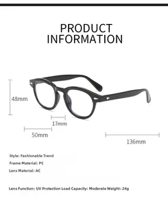 Detailed dimensions of the black round retro glasses frame with sizing specifications