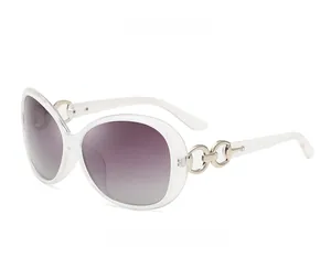 Detail of white oval sunglasses with gradient purple lenses and metal chain link temples