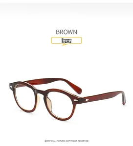 Detail of round tea brown glasses frame with silver arrow rivets and transparent finish