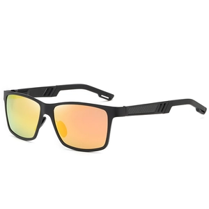 Polarized men's aluminum magnesium sunglasses with orange mirrored lenses and black frame