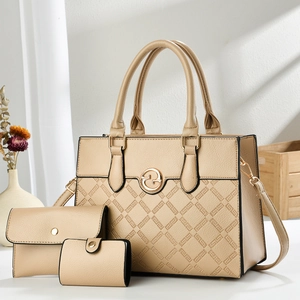 Three-piece beige faux leather tote bag set with quilted details and gold hardware