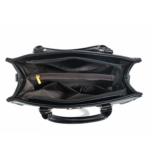 Top view of black leather handbag showing multi-compartment interior and gold hardware