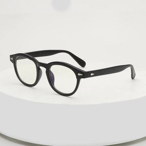 Classic black round full-frame eyeglasses with silver arrow accents and anti-blue light lenses