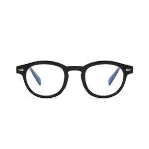 Classic round full-frame eyeglasses with black glossy finish and silver arrow rivets