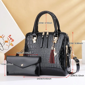 Detailed view of crocodile pattern handbag and wallet set with specific size measurements