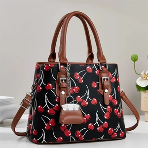 Women Shoulder Bag PU Leather Cherry Print Contrast Color Handbag With Mini Charm Fashion Crossbody For Daily Commute
