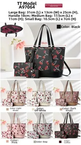 Three-piece women's tote set with cherry print, showing interior space and seven color options