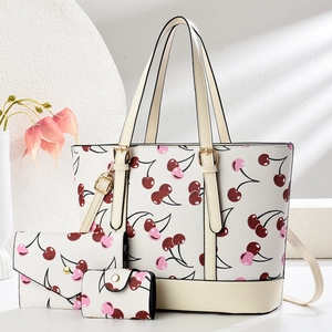 Weißes 3-teiliges Shopper-Set mit Kirschmuster, inklusive Geldbörse und Kartenetui