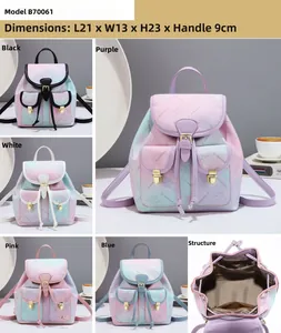 Detailed views of gradient PU leather mini backpacks in five colors with dimensions 21x13x23cm