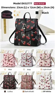 Detail view of cherry print backpacks featuring size specs and interior pocket structure