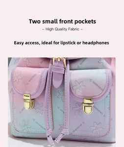 Detail of gradient purple floral backpack showing front pockets and metal buckles